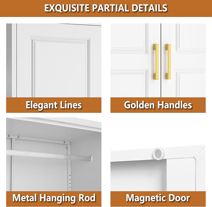 Metal Wardrobe Armoire with Three Drawers, 86“ Tall Wardrobe Closet with Hanging Rod, Freestanding Storage Closet with Doors and Shelves for Bedroom, White, Assemble Required