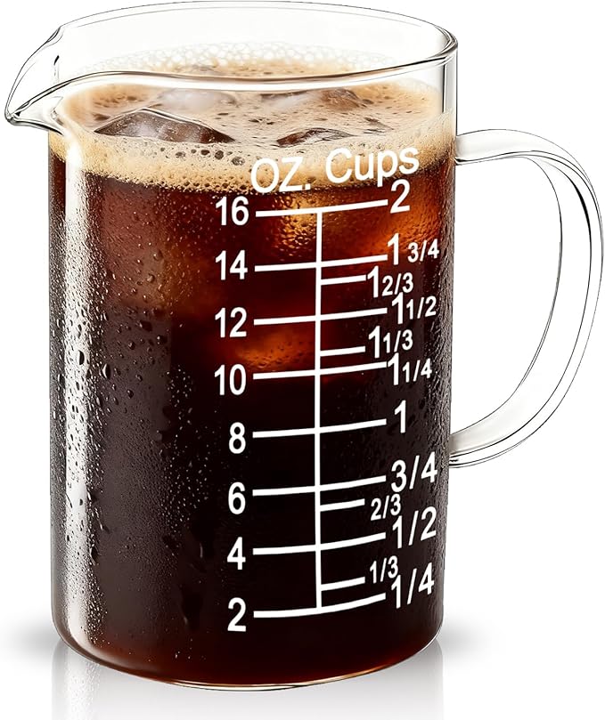 BCnmviku Graduated Glass Measuring Cup -500 ML /16 Oz/ 2 Cup Easy to Read [Insulated Handle | V-Shaped Spout] - High Borosilicate Glass Measuring Cup for Kitchen or Dining (500ml)