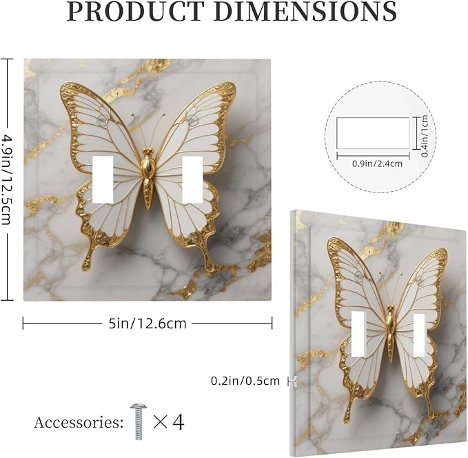 Gold Marble Shine Butterfly Abstract Modern Print Decorative Switch Plates 2 Gang Double Toggle Outlet Light Switch Cover Wall Plate Electrical Faceplate for Bed Room Bathroom Decor