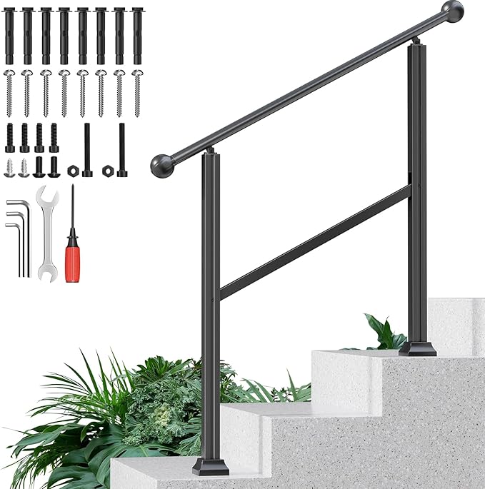3-Step Outdoor Stair Handrail Kit, Heavy Duty Aluminum Alloy Adjustable Height with Powder Coated Black Metal Finish Complete Installation Hardware & Tools Included for Concrete Porch Deck Brick