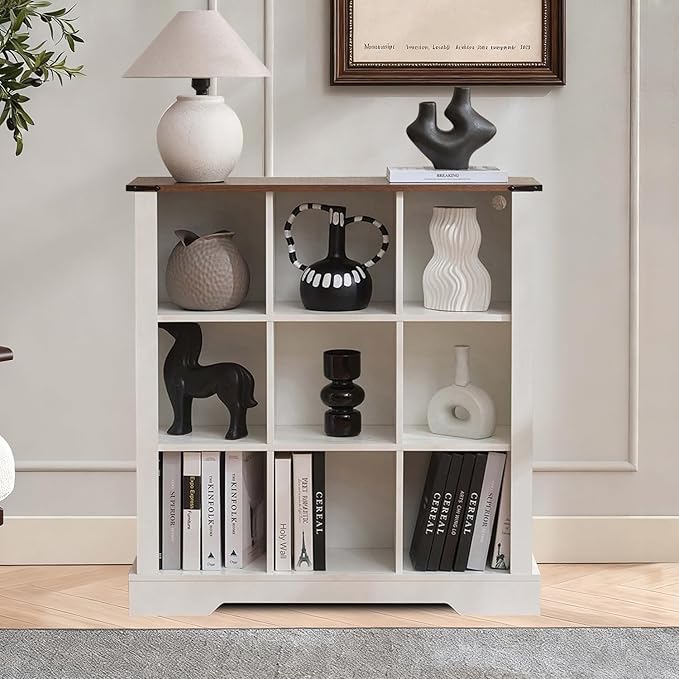 9 Cube Bookcase, Wooden Cube Storage Organizer Shelf, White Horizontal Book Shelf with LED Lights, Freestanding Display Cabinet for Living Room, Hallway TV Stand for Entryway