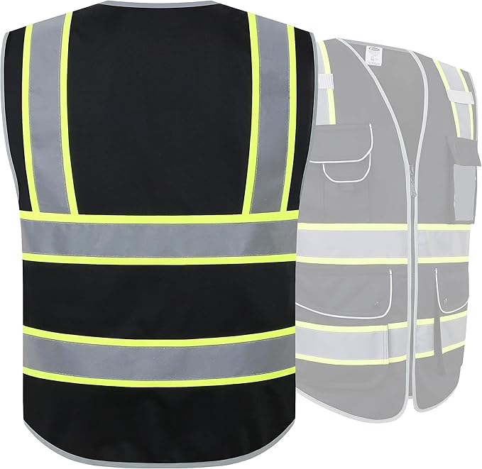 JKSafety 9 Pockets Hi-Vis Black Color Zipper Front Safety Vest Fluorescent Yellow Strips outlining the Reflective Tapes ANSI/ISEA Class 1 (901-Black, XX-Large)