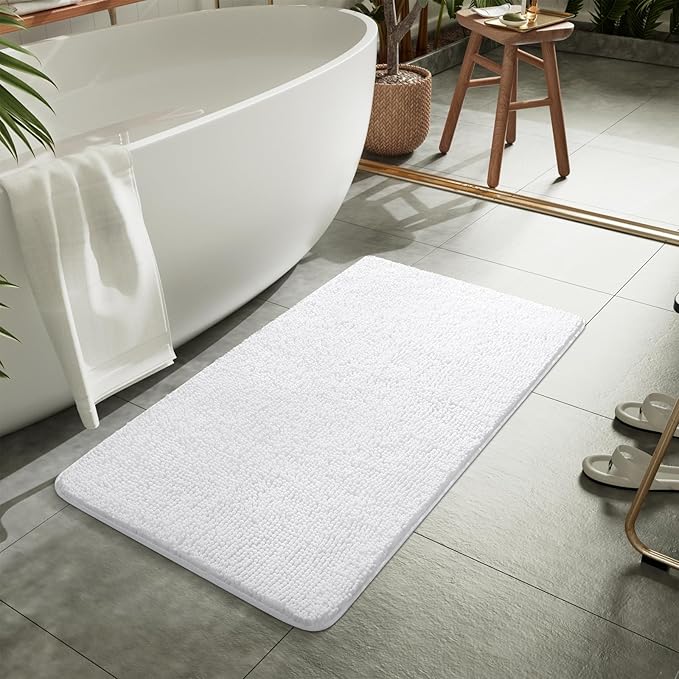 LOCHAS Luxury Bathroom Rug Shaggy Bath Mat 24 x 40 Inch, Washable Non Slip Bath Rugs for Bathroom Shower, Soft Plush Chenille Absorbent Carpets Mats, White