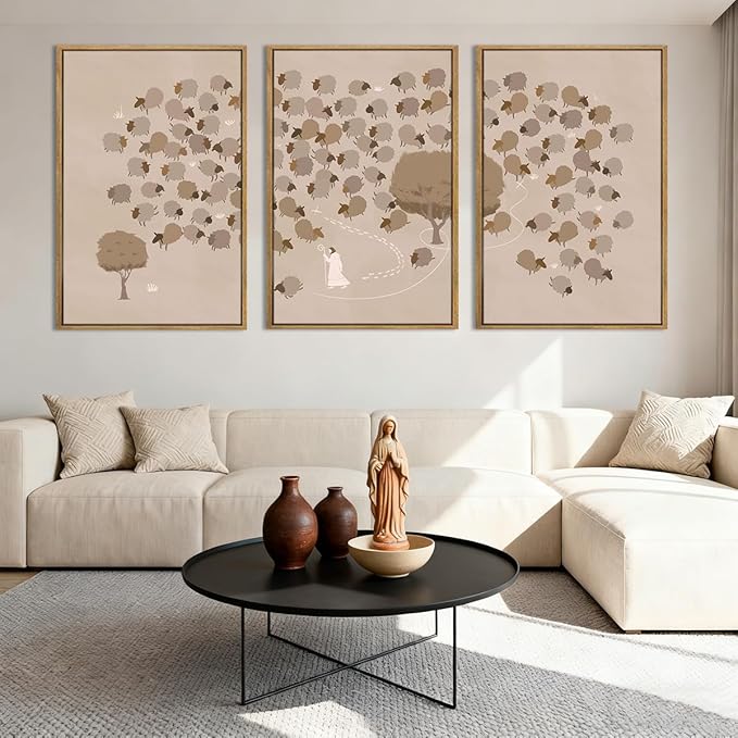 IARTTOP Large Jesus Christian Framed Wall Art 16x24 Inch Beige God Bible Religious Canvas Wall Decor Set of 3 Modern Abstract Jesus Leaves the 99 Sheep Prints for Living Room Dining room