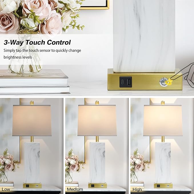 28.5" White Ceramic Lamps Set of 2, 3-Way Touch Control Bedside Table Lamp with USB C+A Ports, Modern Square Lamps for Living Room, Tall Bedroom Lamp for Night stand Side End Table Home Decor