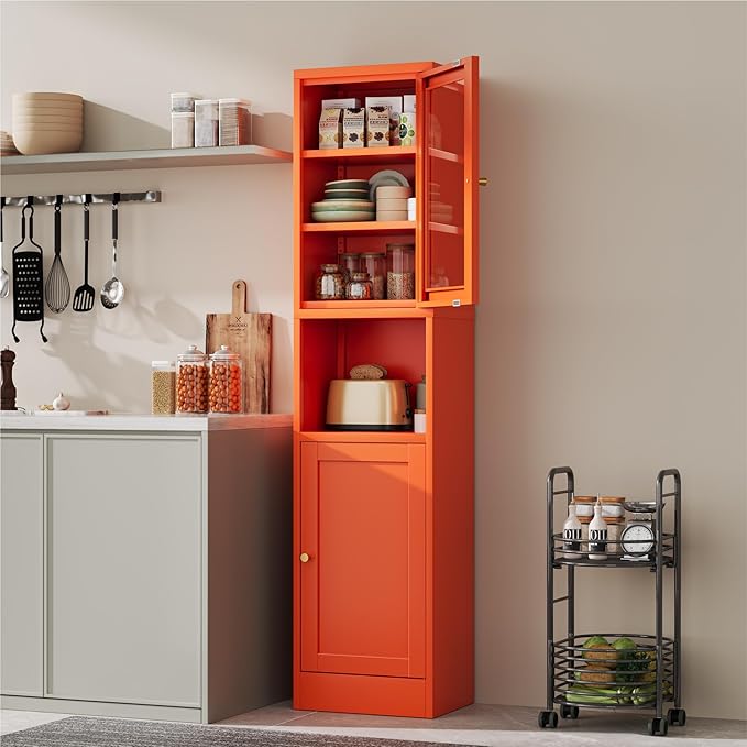 2-Door Metal Storage Cabinet, Tall Slim Pantry Organizer with 3 Adjustable Shelves (120LBS/Shelf), Anti-Tipping Waterproof Cabinet for Bathroom/Kitchen/Home Office/Small Spaces,(1PC,Orange)
