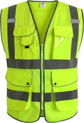 JKSafety 9 Pockets Class 2 High Visibility Zipper Front Safety Vest With Reflective Strips,Meets ANSI/ISEA Standard (Large, 150-Yellow)