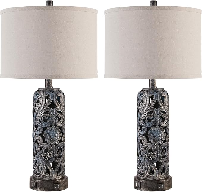 RORIANO 25'' Set of 2 Rustic Table Lamp for Bedroom Living Room with 2 USB Ports, Farmhouse Vintage Resin Nightstand Lamp with Nightlight, Antique Retro Desk Lamp for Entryway, 2 Bulbs Included