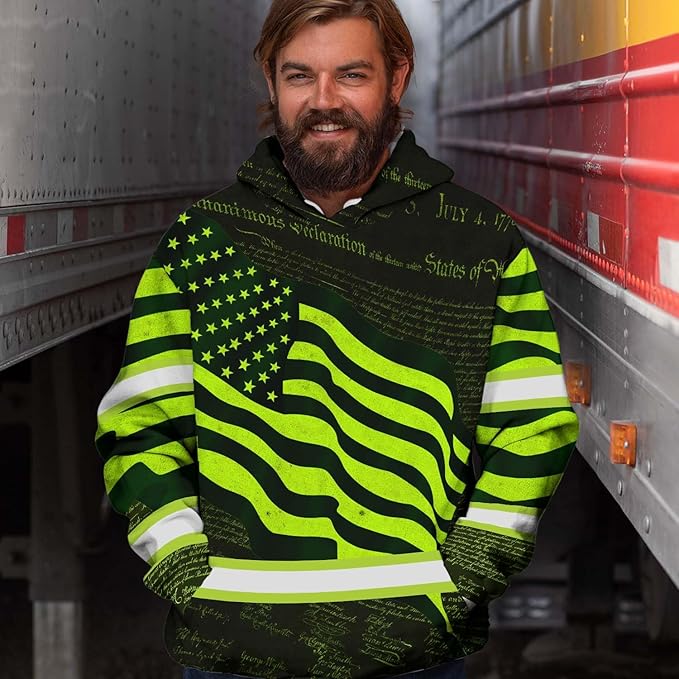 US Flag High Visibility Hoodie for Men Reflective Hoodie Safety Workwear for Worker Runner Patriotic ACC02