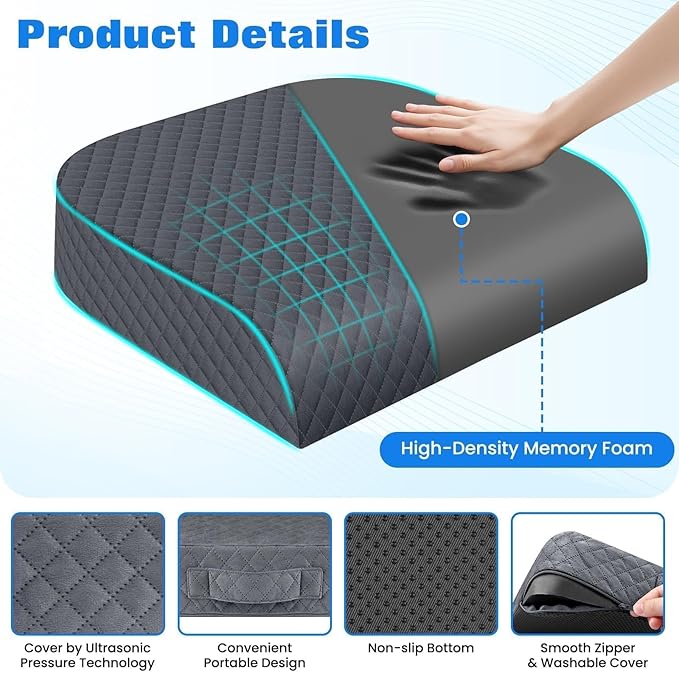 Seat Cushion, Memory Foam Chair Pad, Non-Slip Cushion for Office, Home, Car, Large Desk Chair Cushion, Washable Cover & Handle, Large, Grey