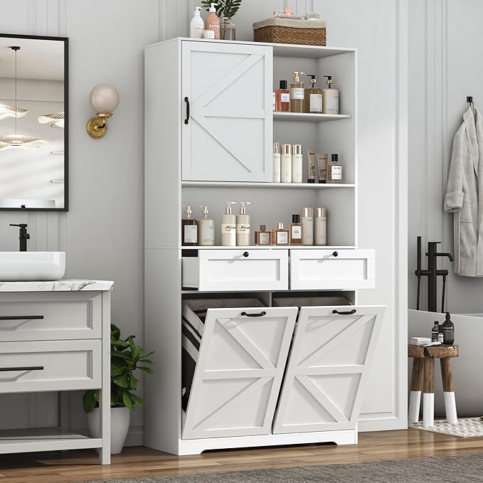 78" Tall Tilt-Out Double Doors Laundry Cabinet Hamper w Hidden Laundry Hamper,Large Pull Out Laundry Room Storage Cabinets,Kitchen Double Tilt Out Trash Cabinet,13X2 Gallon Bathroom Organizers(White)