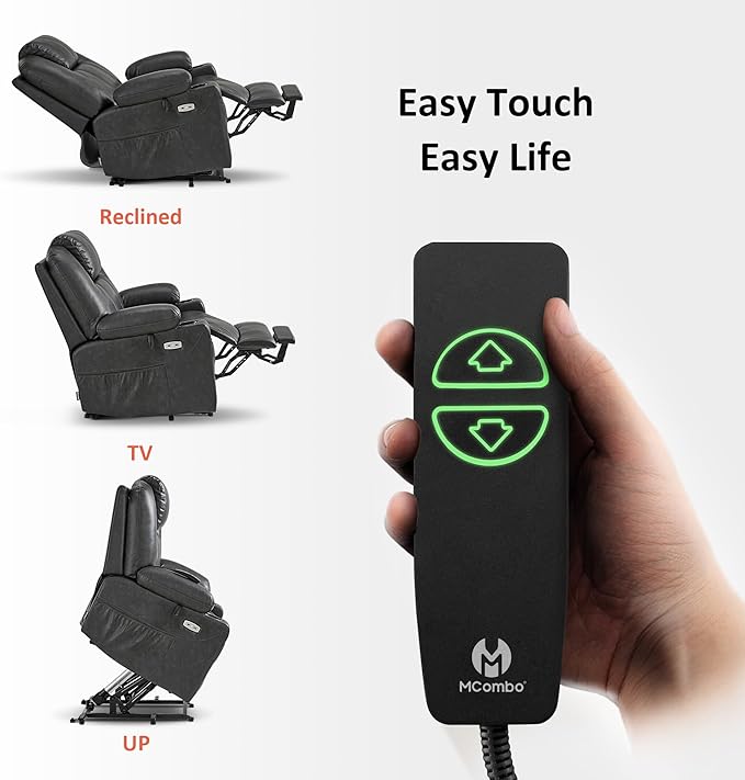 MCombo Electric Power Lift Recliner Chair Sofa with Massage and Heat for Elderly, 3 Positions, 2 Side Pockets, and Cup Holders, USB Ports, Faux Leather 7040 (Grey, Medium)