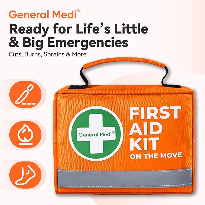 General Medi First Aid Kit - 150 Pieces Small Compact First Aid Kit Bag - Includes Instant Cold Pack, Emergency Blanket for Travel, Home, Office, Vehicle, Camping（Orange）