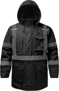 Reflective Jacket, High Visibility Parka, Waterproof Hi Vis, Safety Jacket with Removable Hood and Zipper, ANSI Class 3 (Black,Medium)