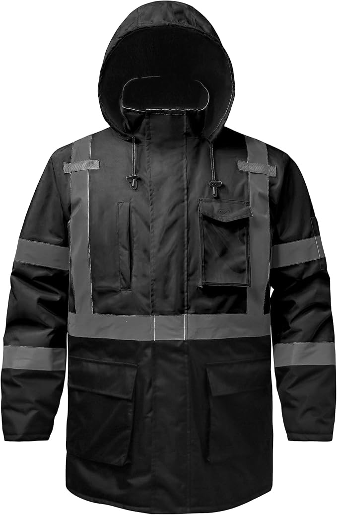 Reflective Jacket, High Visibility Parka, Waterproof Hi Vis, Safety Jacket with Removable Hood and Zipper, ANSI Class 3 (Black,Large)