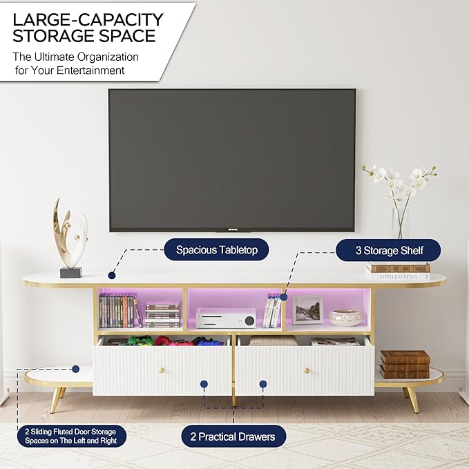 70 inch Fluted TV Stand, Luxury Modern TV Console & Media Entertainment Center for Living Room with Curved Profile, 2 Drawers, Storage Cabinet, and LED Lights, White, Holds TVs Up to 80"