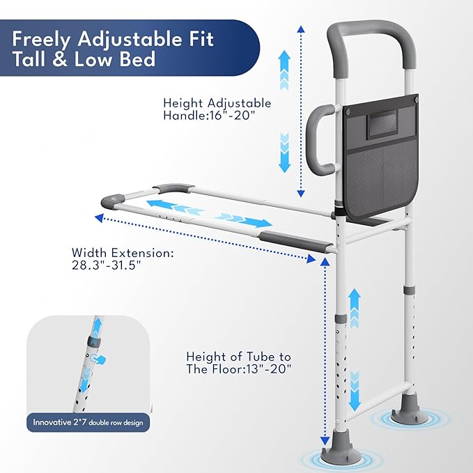 HOMEAL Bed Rails for Elderly Adults Safety - Adjustable Bedside Assist Rails for Seniors with Non-Slip Ergonomic Handle & Fixing Strap, 350 Tested,Fits Twin, Full, Queen, King Bed(Black,Without Light)