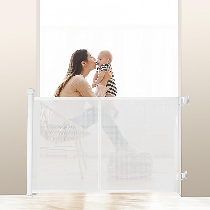 200 inches Extra Wide Retractable Baby Gate, 41.5 inches Tall Mesh Safety Gate for Oversized Openings, Living Rooms, Patios, Child & Pet Barrier for Indoor Outdoor Use, White