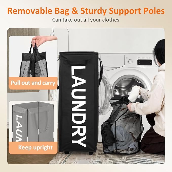 2 Pack Laundry Basket with Wheels, 90L Rolling Laundry Hamper with Wheels, Large Clothes Hamper on Wheel with Removable Mesh Bag for Bedroom, Dorm, Black