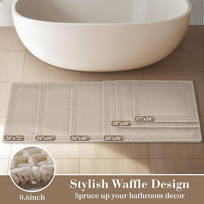 RESARE Waffle Bath Mat for Bathroom, Super Absorbent Bathroom Rugs Non Slip Machine Washable, Ultra Soft Quick Dry Boho Bath Rugs with Tassels for Floor, Upgraded Bordered Design, 18"x30" Pale Beige
