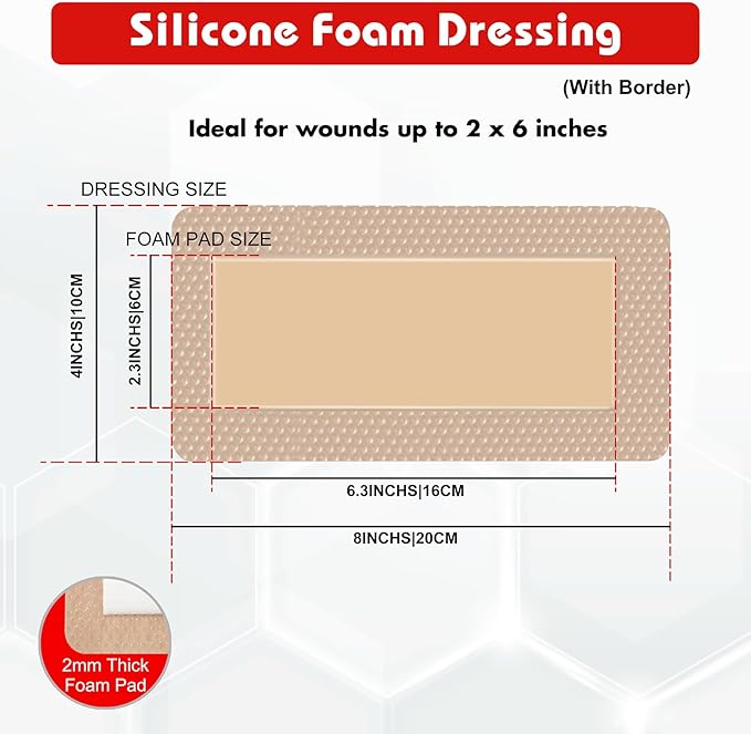 FRESINIDER 4" x 8" Pack of 10 Silicone Foam Wound Dressing - Waterproof Adhesive Bandages with Bordered - Super Absorbent & Breathable for Optimal Wound Care