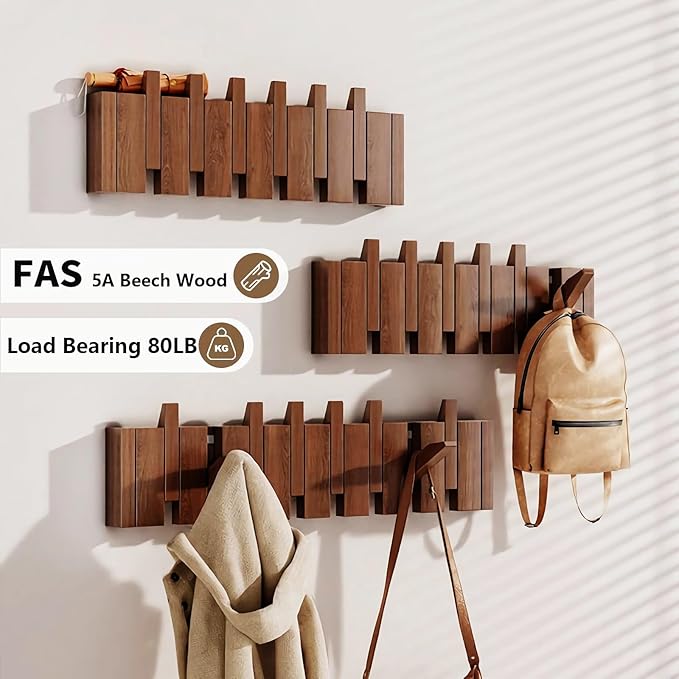 Wall Mounted Piano Key Hanger | Flip Style Hook | Entrance Wall Art Hook, Made of Oak Wood (3 Times Painted, 4 Times Polished) (LED Walnut, 4Hooks)
