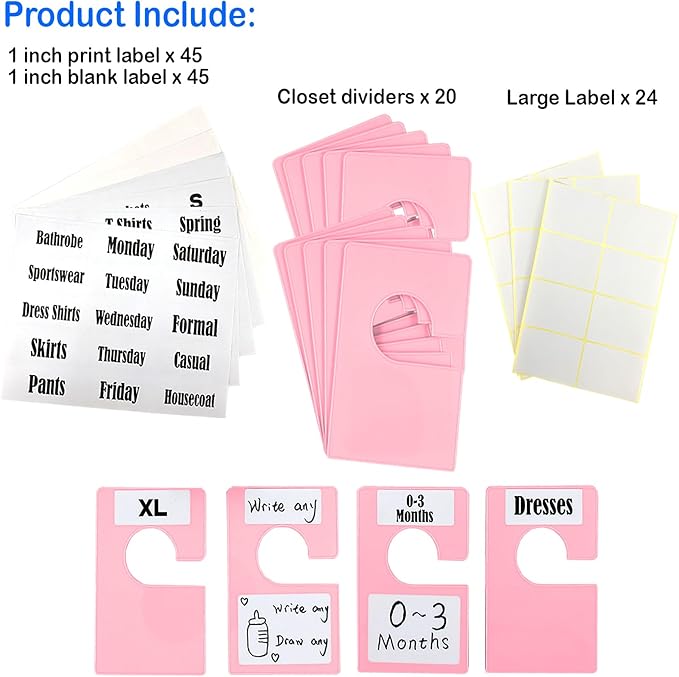 20 Pack White Clothing Rack Size Dividers Plus 45 Labels (1 Inch) and 18 Large Blank Labels, Large Rectangular Clothing Closet Dividers (Pink)