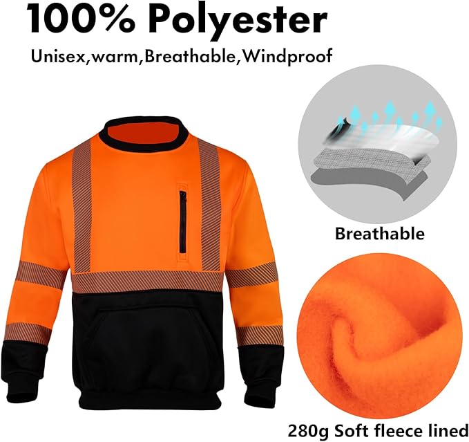 VENDACE Hi Vis Safety Sweatshirts for Men Reflective ANSI Class 3 High Visibility Construction Work Crew Sweatshirt No Hood