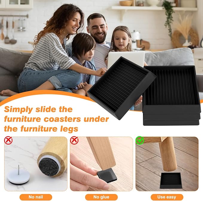 xxxHOLIC Non Slip Furniture Pads, 4” x 4” Black Square, Set of 4, Rubber Grippers for Hardwood Floors, Anti Skid Furniture Feet Coasters, Bed Couch Stoppers to Prevent Sliding and Floor Scratches