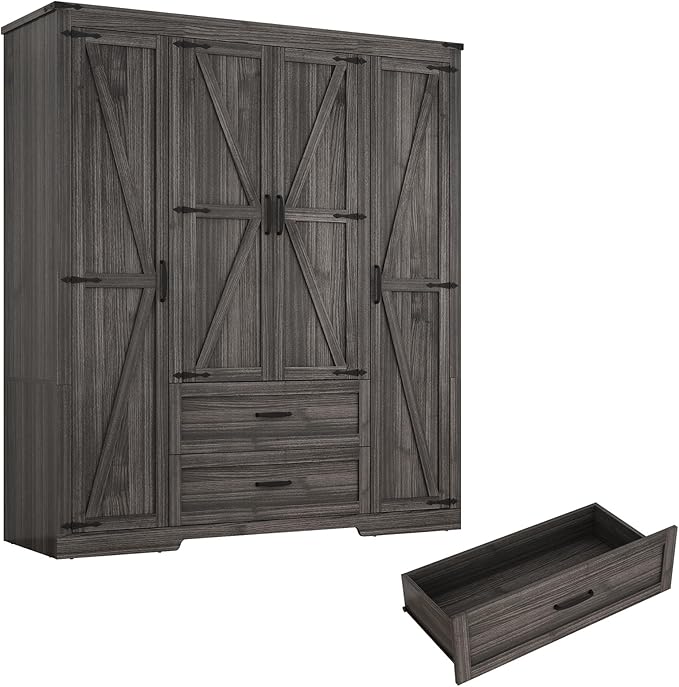 4 Doors Wardrobe Armoire Closet with Doors and Drawers, Farmhouse Wooden Armoire Storage Cabinet with Shelves & Hanging Rod for Bedroom, Grey