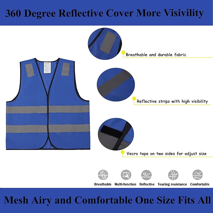 Blue Safety Vests 20 Pack - Reflective High Visibility Construction ANSI Class 2 Work Vests for Men,Woman,Hi Vis Mesh and Neon Silver Strip