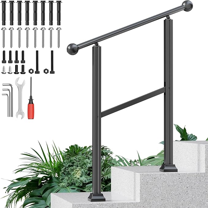2-Step Outdoor Stair Handrail Kit, Heavy Duty Aluminum Alloy Adjustable Height with Powder Coated Black Metal Finish Complete Installation Hardware & Tools Included for Concrete Porch Deck Brick