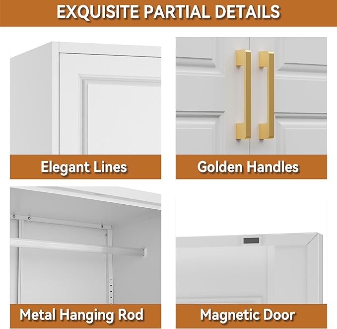 Metal Armoire Closet, 86 Inch Tall Wardrobe Armoire with Hanging Rod, Almirah for Clothes with Doors, 18" D x 32" W x 86" H, White, Assemble Required, Shipped in Two Packages