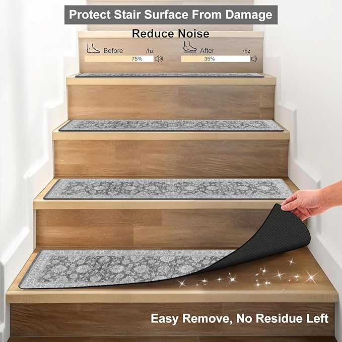 OJIA Extra Non-Slip Stair Treads for Wooden Steps 15PCS, 30"X8" Rubber Indoor Stair Runner Slip Resistant Stair Rugs Safety Mats for Dogs, Kids & Elders, Stairway Grip Step Treads, Gray