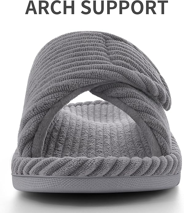Litfun Orthopedic House Slippers for Women Adjustable Arch Support Indoor Slippers Open Toe Corduroy Bedroom Shoes