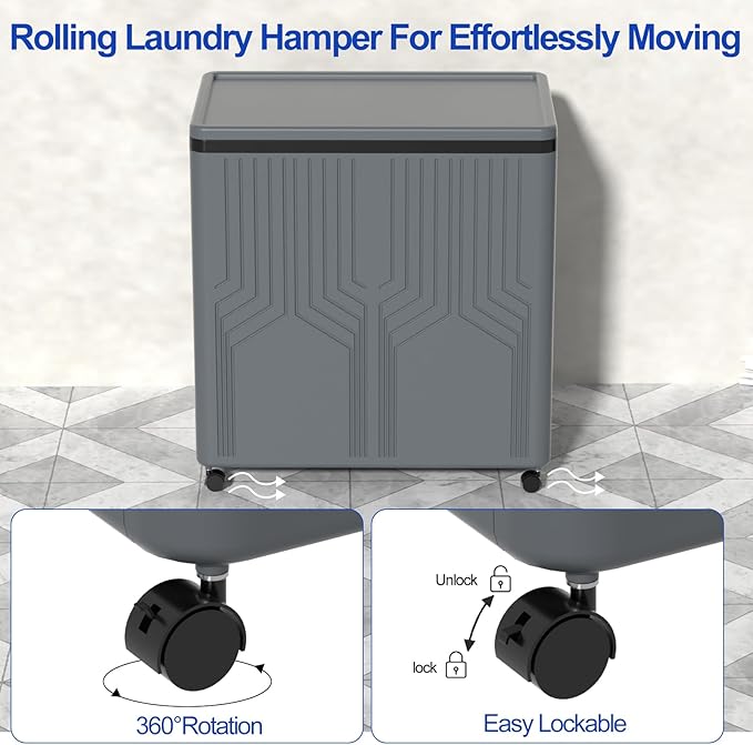 120 L Large Double Laundry Hamper with Lid and Wheels, 2 Section Plastic Laundry Basket with Wheels, Foldable Rolling Clothes Basket for Bathroom Bedroom, Gray