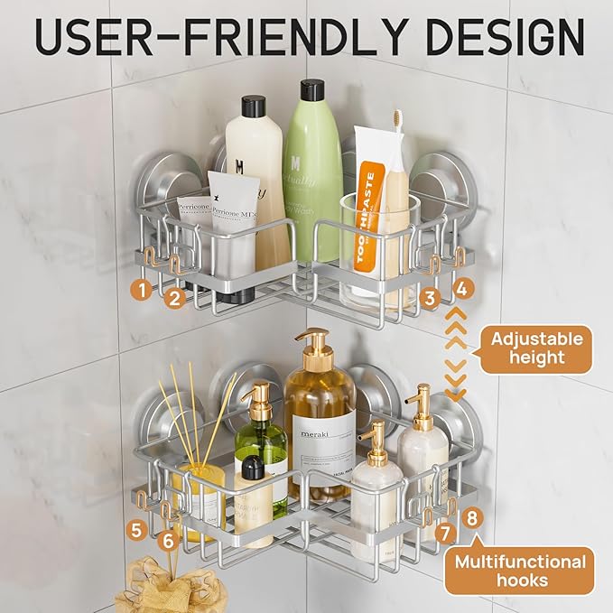 LEVERLOC 2 Pack Corner-adaptive Suction Cup Shower Caddies, Drill-Free Wall Mounted Basket, Stainless Steel Rustproof Corner Shower Shelf, Large Capacity Removable Suction Cup Bathroom Organizer, Gray