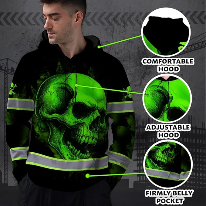Matedecor Skull US Flag Reflective High Visibility Hoodie For Men Construction Hi Vis Safety Workwear Custom Name