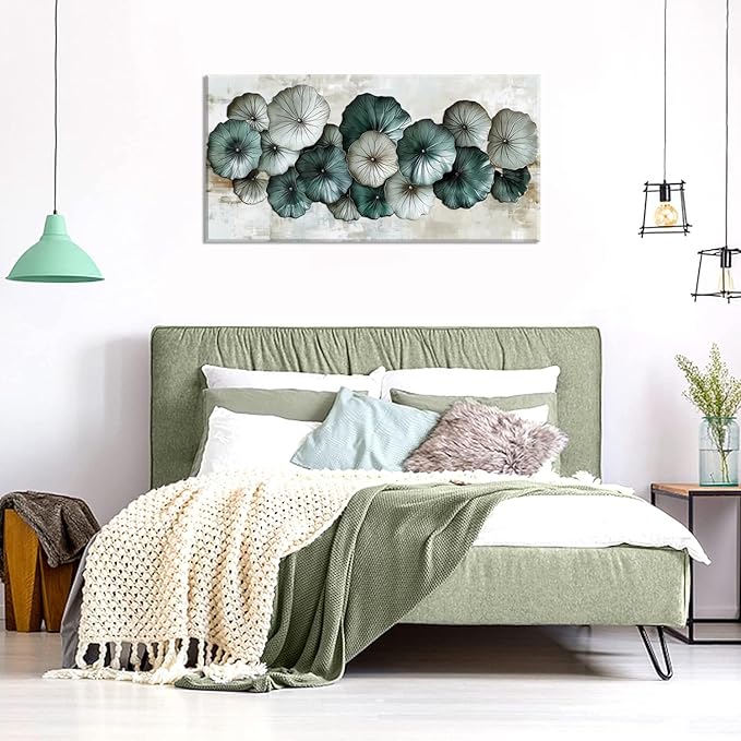 Abstract Cyan Floral Flower Wall Art for Living Room Office Contemporary Art Deco White Painting Prints Modern Canvas Artwork Over The Couch Bedroom Decor Large