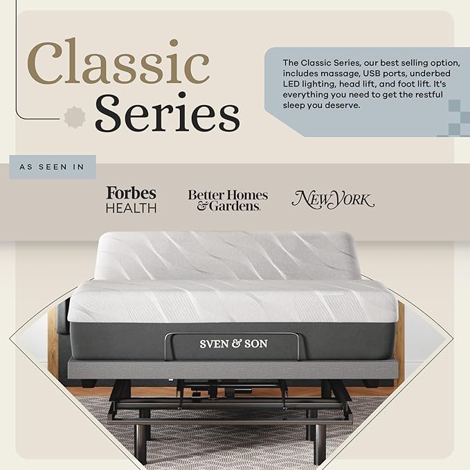 Sven & Son Classic Adjustable Bed Base, Head and Foot Lift, Massage, Under-Bed Lights, USB, Gel Memory, Zero Gravity Smart Frame - Queen + 10 inch Memory Foam Matt (Firm)