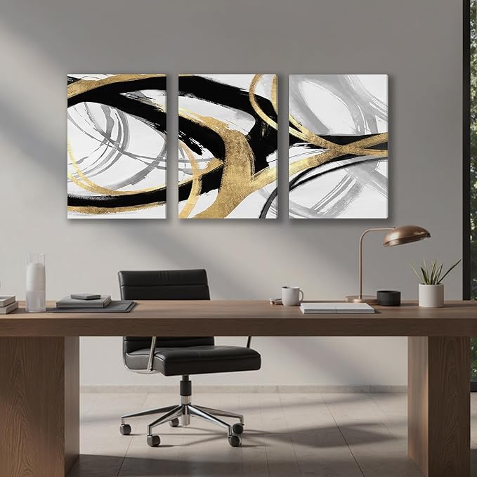 DUWQU 3 Piece Large Black and Gold Abstract Canvas Wall Art, Modern Black Gold and White Wall Decor, Spiral Brushstrokes Line Art Prints for Living Room Bedroom Office Home Decorations 20×30x3 In