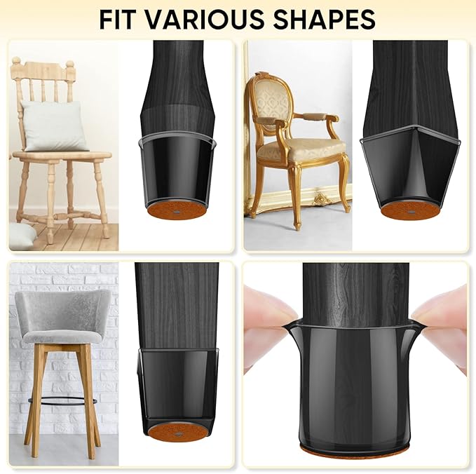 BALEINE 16 Pack Silicone Chair Leg Floor Protectors, Stool Leg Protectors Cap, Non-Slip Chair Leg Caps for Hardwood Floors (Black & Small, 16 Pack)
