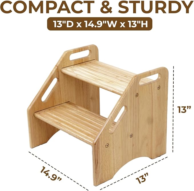 Wooden Step Stool for Toddlers and Adults, 300 lbs Capacity, Two Tier Bathroom Stool with Handles, Lightweight Non-Slip Pads, for Toilet, Sink or Kitchen Use