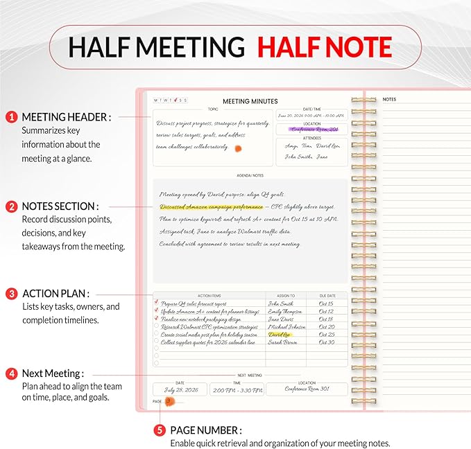 SUNEE Half Meeting Half Note 7"x10" Notebook for Work – 140 Pages, B5 Size Project Planner for Women&Men, Minutes Organizer for Meeting Notes, Ideas for Office/Business, PVC Waterproof Cover, Pink