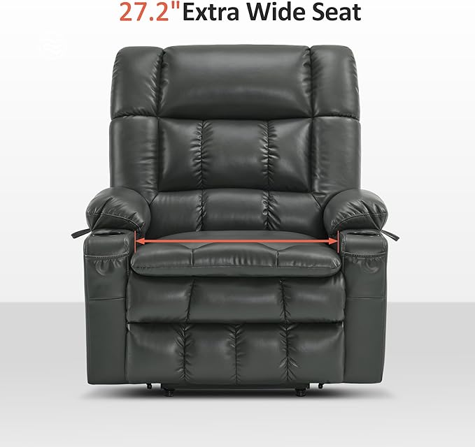 MCombo Dual Motor Power Lift Recliner Chair for Elderly, Lay Flat Lift Chair with Heat and Massage, Oversized Lift Recliner for Big and Tall, Faux Leather R7891 (Grey, Oversized)