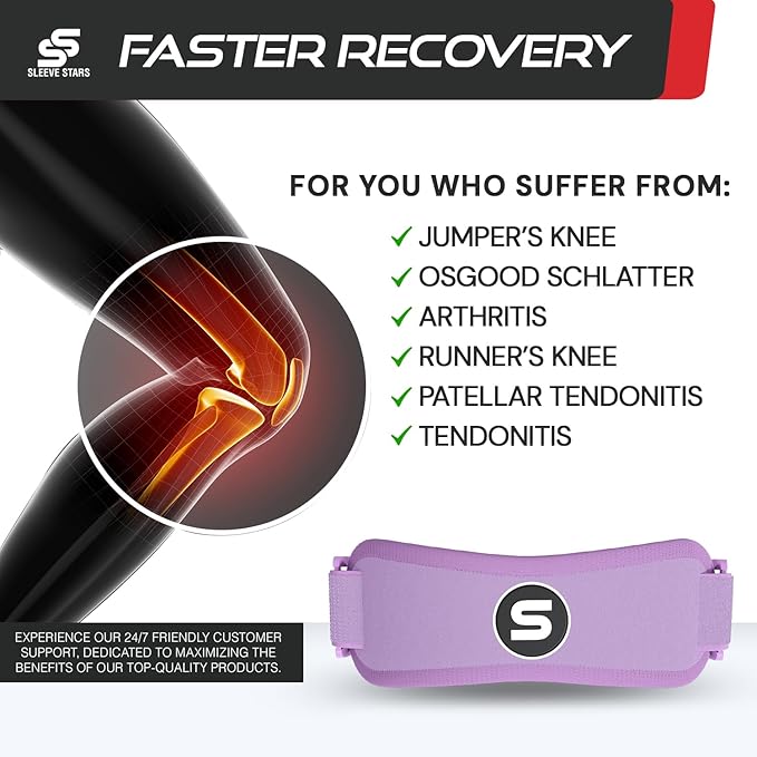 Sleeve Stars Swedish Brand Patellar Tendon Support Strap for Women & Men Effective Osgood Schlatter Knee Brace Youth & Kids Knee Brace with 3 Adjustable Length fits 12"-24" (Pair/Light Purple/Adult)