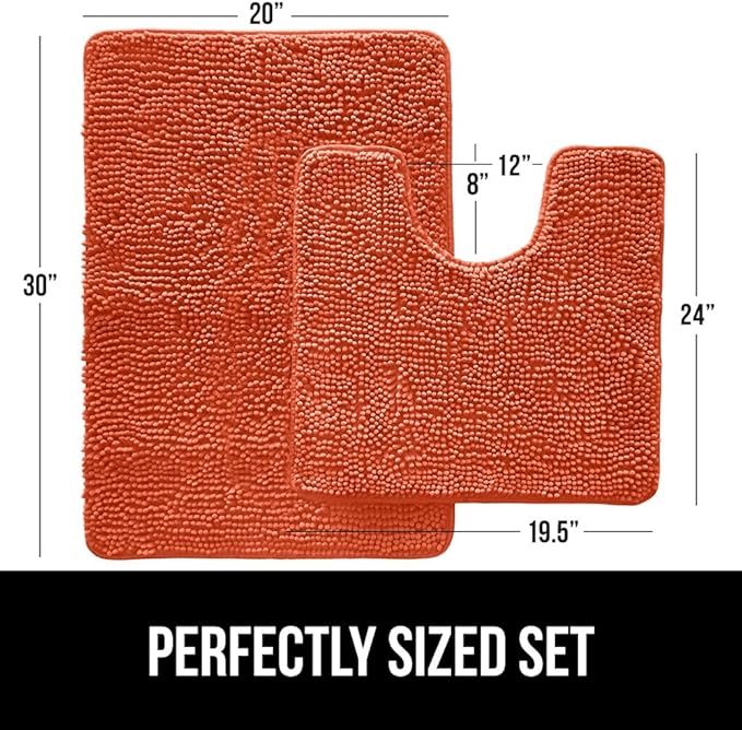 GORILLA GRIP Bathroom Rug Sets, Soft Chenille 2 Piece Area Rugs Set, Toilet Base Mat and 30x20 Carpet, Absorbent Microfiber Washable Mats Dry Quickly, Home Décor and Bath Room Accessories, Coral