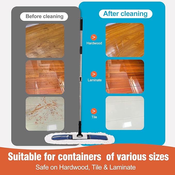 24" Heavy-Duty Commercial Dust Mop for Hardwood Floors & Large Areas - with 2 Microfiber Pads, Reinforced Telescoping Handle for Stable Cleaning in Homes, Garages & Commercial Spaces
