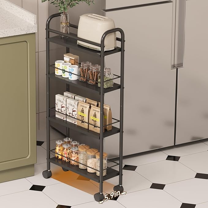 Slim Storage Cart, 4-Tier Narrow Rolling Cart with Handle, 5.9 Inches Deep, Slim Bathroom Shelf for Small Spaces, Kitchen, Dining Room, Living Room, Bathroom, Laundry Room, Black