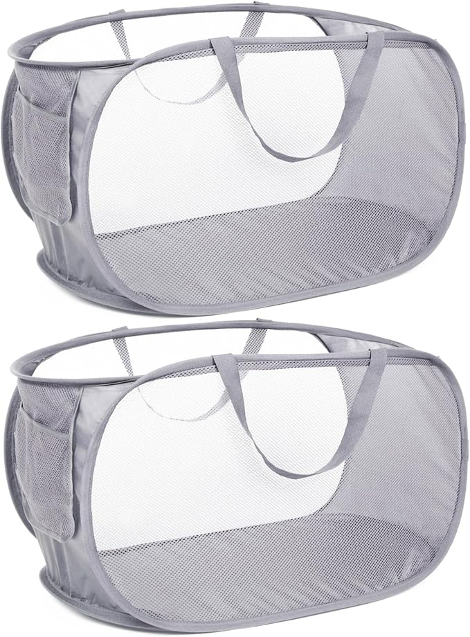 Durable Collapsible Laundry Baskets, Mesh Pop Up Laundry Hamper with Side Pocket, Foldable Clothes Hamper with Reinforced Carry Handles for Laundry, Bathroom, Kids Room, Dorm or Travel 2 Pack Grey